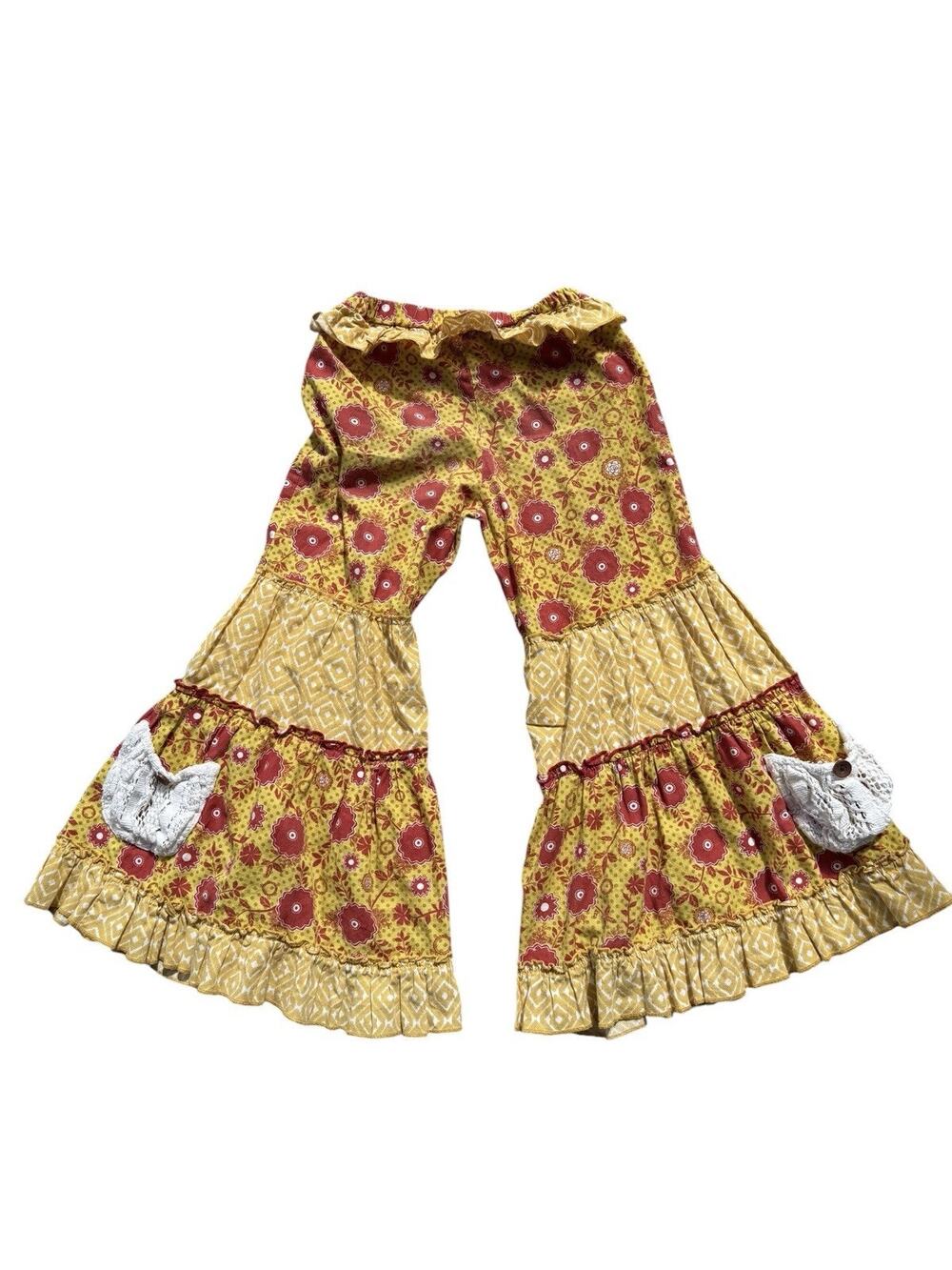 Mustard Pie Girls Size 6 Ruffle Bell Bottom Pants Floral Boho Hippie Crochet